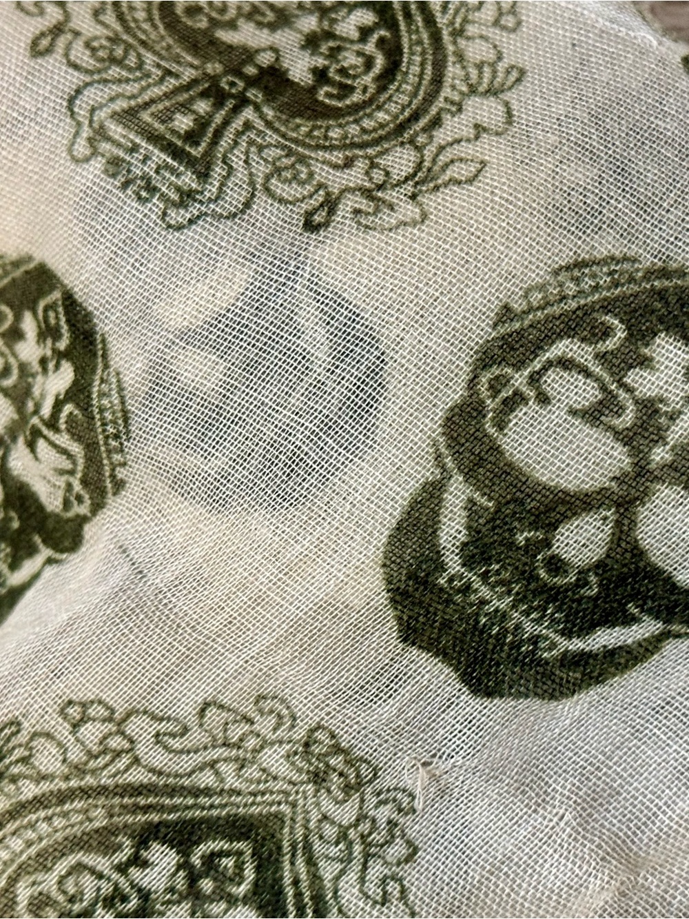 Paisley & Skull Print Lightweight Scarf | Cream & Olive Green | Boho Wrap - Picture 8 of 8